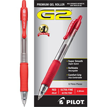 Pilot G2 Premium Gel Roller Pens, Ultra Fine Point 0.38 mm, Red Pens, Pack of 12 - Ideal for School, Journaling & Office Writing - color: Red Ink, size: 12 Count (Pack of 1)