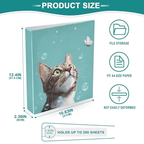 Fustylead Tabby Cat Butterfly Andf Bubble Cyan 3 Ring Binder, D-Rings 1.5" Hardcover Folder, Fits 200 Sheets of A4 Paper, Durable Clipboard & Clean View with Inside Pockets for School Home Office - size: 12.4x10.63x2.36 Inch-2 Pack