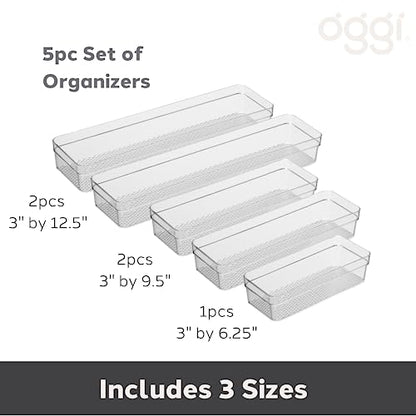 Oggi Set of 5 Clear Drawer Organizers - (1) 3x6.25, (2) 3x9.5, (2) 3x12.5 - Ideal for Organizing Kitchen Drawers, Office, Desk, Silverware, Kitchen Utensils, Cosmetics and Bathrooms - size: Set of 5