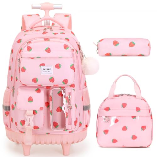 ACESAK Rolling Backpack for Girls, Roller Backpack with Lunch Bag & Pencil Pouch for Teen Girls Kids, Bookbag Backpack with Wheels for Women Elementary Middle High School Travel (Pink Strawberry) - color: Pink Strawberry