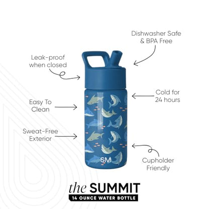 Simple Modern Kids Water Bottle with Straw Lid | 14oz Insulated Stainless Steel Kids Tumbler & Spill Proof Toddler Cup for School, Girls, Boys | Summit | Shark Shiver - color: -Shark Shiver, size: 14 Ounces