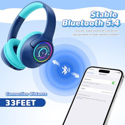 Kids Bluetooth Headphones, 85H Playtime Wireless Headphones for Kids, Colorful LED Lights, 85/94dB Safe Volume Limit, Bluetooth 5.4 Built-in Mic Toddler Headset for Tablet/Airplane (Navy Blue) - color: Navy Blue