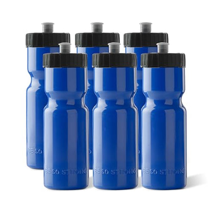 50 Strong Sports Water Bottles – Reusable 22 oz BPA-Free Plastic Bottles with Pull Top Cap – Made in USA – Top Rack Dishwasher Safe – Fits Most Bike Cages Brand - color: Blue, style: 6 Pack