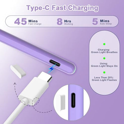 Stylus Pen for iPad, Magnetic Wireless Charging & USB C Fast Charge Pencil Compatible with Apple iPad (A16) 11/10/9/8/7/6th Generation, Pro 13"/12.9"/11", Air M3/M2/5/4/3, Mini (A17 Pro) 7/6/5 Purple - color: Purple+6pcs Replacement Nibs
