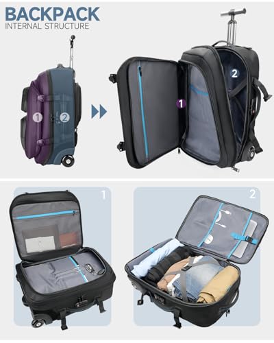 Carry on backpack with wheels, Rolling backpack with Dry-Wet Pocket, TSA Lock, Laptop Compartment, Water-Resistant for Men Women, Work, Air Travel（3-Piece Set-Includes Toiletry & Storage Bag） - color: Black-two