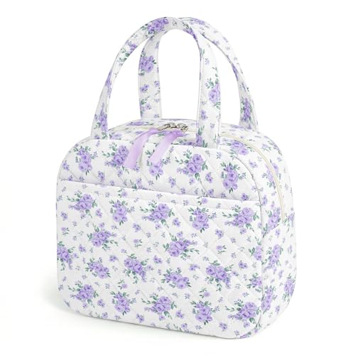WOBAGMEN Quilted Lunch Box for Women,Coquette Aesthetic Lunch Box for Teen Girls,Cute Floral Lunch Bags for Work, School,Office,Picnic,Travel (Big Purplre Floral) - color: Big Purplre Floral