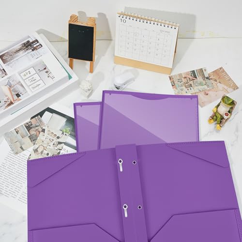 Henoyso 48 Pcs Plastic Folder with Clear Front Pocket and 3 Prongs Heavy Duty Plastic Folders with Card Slot Pocket Folders with Prongs for School Office Home(Purple) - color: Purple