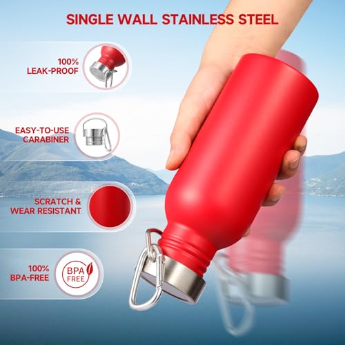 Volhoply 20oz Uninsulated Single Walled Water Bottle, Stainless Steel Reusable Water Bottles with Handle & Carabiner, BPA Free 18/8 304 Sports Water Bottles for Camping Hiking（Red,1） - color: Red