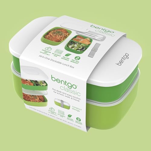 Bentgo Classic - Adult Bento Box, Stackable 3-Compartment Lunch Box with Removable Utensil Set and Sealing Strap, BPA-Free, Food Container Ideal for Meal Prep, Work, and On the Go (Green) | Removable Utensil Set and Sealing Strap, BPA-Free, Food Container