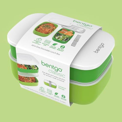 Bentgo Classic - Adult Bento Box, Stackable 3-Compartment Lunch Box with Removable Utensil Set and Sealing Strap, BPA-Free, Food Container Ideal for Meal Prep, Work, and On the Go (Green) | Removable Utensil Set and Sealing Strap, BPA-Free, Food Container