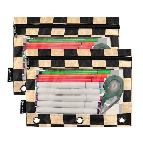 Sandybrown Chessboard Binder Pouches 3 Ring for Boys Girls School Office College Supplies Black Buffalo Plaid Brown Pencil Pouches Case Bag with Clear Window and Zipper 2 Pack - color: Sandybrown