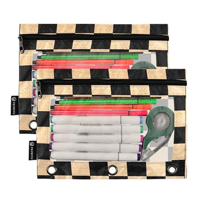 Sandybrown Chessboard Binder Pouches 3 Ring for Boys Girls School Office College Supplies Black Buffalo Plaid Brown Pencil Pouches Case Bag with Clear Window and Zipper 2 Pack - color: Sandybrown