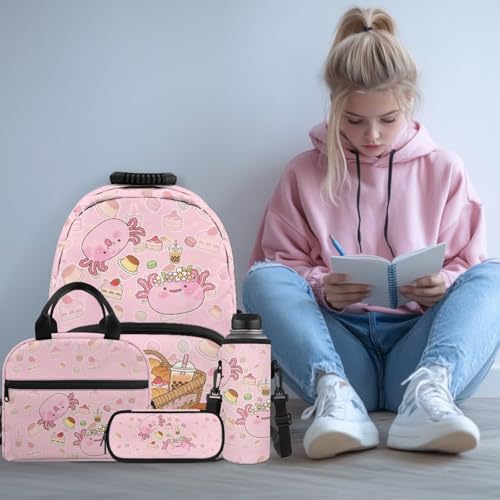 Axolotl Backpack Set for Kids, 4 in 1 Bookbag with Lunch Box, Pencil Case & Water Bottle Holder for Elementary School 1st to 6th Grade Students Daily Use - color: Axolotl Print