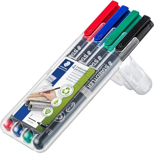 Staedtler 318-WP4 Lumocolor Permanent Universal Pens, Fine Point, 0.6mm, Assorted, 4 per Set, Black, Blue, Green, Red - color: Multicolor, size: 1 Count (Pack of 4), style: Fine