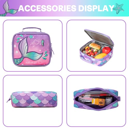 Meetbelify Mermaid Rolling Backpack for Girls Backpacks with Wheels for Elementary School Students Kids 3 in 1 Travel Luggage Suitcase with Lunch Box Pencil Case for Girls Age 8-10 - color: Mermaid 01