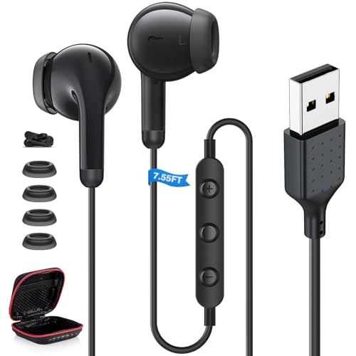 ASKUBSKU Wired Earbuds USB Headsets with Mic for PC 7.5FT Cable, Black | USB Headphone for Computer, Laptop Earphone with Microphone, USBA Corded Ear Buds for Office Zoom Meeting Call School Class - color: Black