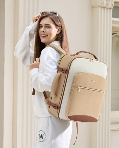 LOVEVOOK 50L Travel Backpack for Women & Men, Airline Approved Carry On Luggage with 3 Packing Cubes, TSA Overnight Bags, Waterproof Personal Item Bag, Weekender Essentials Backpacks fits 17" Laptop - color: Beige Yellow-beige-brown, size: X-Large