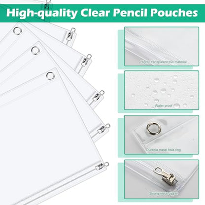 Lincia 5 Pack Clear Pencil Pouch for 3 Ring Binder Pencil Case with Zipper 3 Ring Binder Pocket Insert Bag 10 x 7'' Visible Cash Envelope with Re-enforced Grommet for Office (Clear)