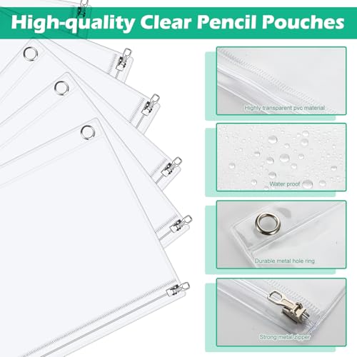 Lincia 30 Pack Clear Pencil Pouch for 3 Ring Binder Zippered 3 Ring Binder Pocket Inserts Bag Pencil Case 10 x 7'' Visible Cash Envelope with Re-enforced Grommet for College Office