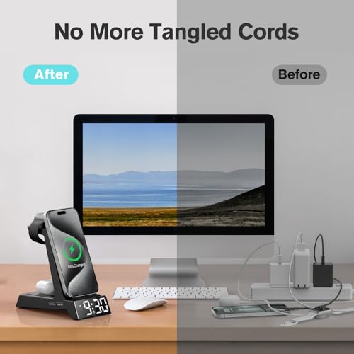 ANJANK 4 in 1 Wireless Charging Station Alarm Clock, Charging Dock for Apple Devices, Charger Stand for iPhone 17 Air 16 15 14 13 12 Series for Apple Watch 11 10 9 8 7 6 5 UItra/SE & AirPods, Dimmable - color: Black