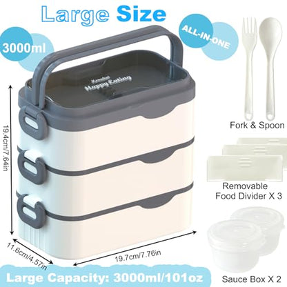 Bento Box Adult Lunch Box, Stackable 3 Layers Large Capacity Lunch Containers, Microwave and Dishwasher Safe Food Grade Containers with Utensils, Dividers and Sauce Boxes for Men, Women, Kids - color: White-Black
