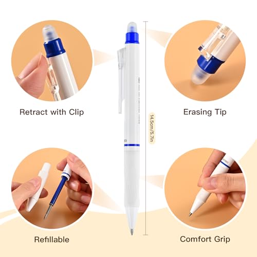 12 Counts Erasable Gel Pens, 0.7mm Fine Point Retractable Clicker Pens with 12 Black Blue Refills,Make Mistakes Disappear for Writing Planner Drawing and Crossword Puzzles - color: Black/Blue Ink - 12 Pack