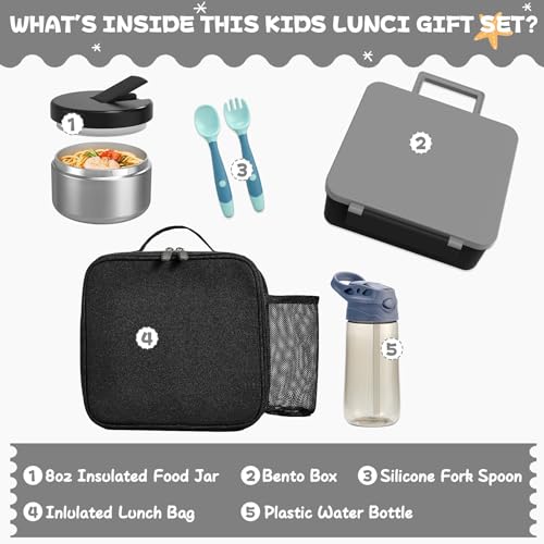 Kids Bento Lunch Box with 8oz Soup Thermo, Water Bottle, Kids Leakproof Lunch Food Containers with 4 Compartment, Insulated Hot Food Jar with Lunch Bag for School, Trvael (Black) - color: Black