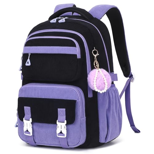 Girls Backpack, Kids Backpack for Girls, School Bag for Primary Elementary & Middle School Students, Bookbags for Teen Girl, Corduroy Laptop Backpack Travel Daypack, Black Purple - color: Black Purple