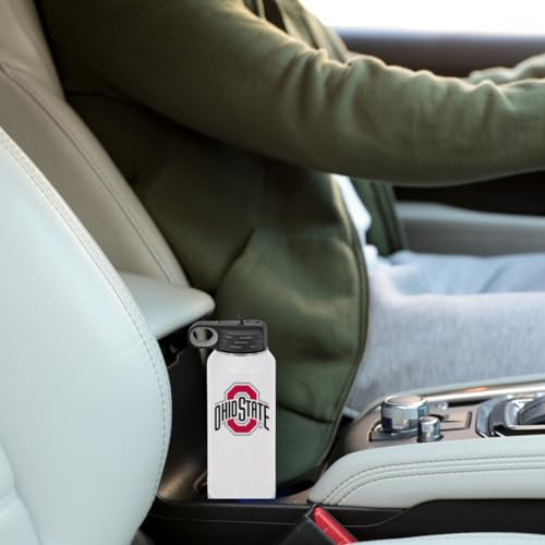 Ohio State University 32oz Stainless Steel Double Walled White Beverage Bottle with Flip Straw Spout - College Gear for Playoff Season – For Office, Home or Auto – Show your Buckeye Pride - style: Ohio State / White