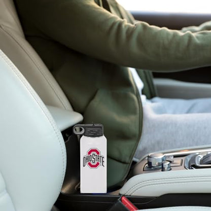 Ohio State University 32oz Stainless Steel Double Walled White Beverage Bottle with Flip Straw Spout - College Gear for Playoff Season – For Office, Home or Auto – Show your Buckeye Pride - style: Ohio State / White