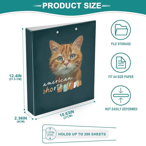 Fustylead Cute American Shorthair Cat 3 Ring Binder, D-Rings 1.5" Hardcover Folder, Fits 200 Sheets of A4 Paper, Durable Clipboard & Clean View with Inside Pockets for School Home Office - size: 12.4x10.63x2.36 Inch-1 Pack