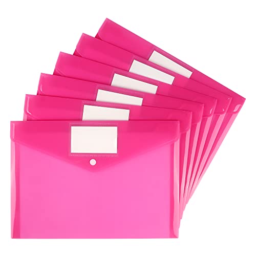 6 Pack Clear Document Folders Plastic Envelopes, A4 Size, Pink | Poly Envelopes File Envelopes with Label Pocket and Snap Button, for Home Work Office Organization - color: Pink