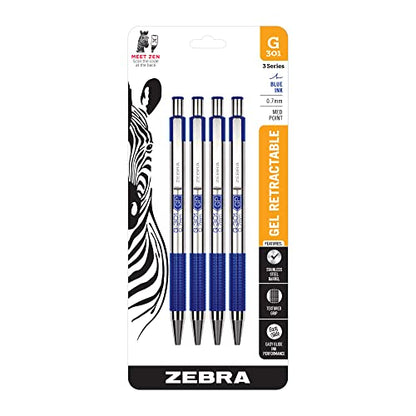 Zebra Pen STEEL G-301 Retractable Gel Pen, Blue Ink, 0.7mm, 4-Pack - color: Blue B