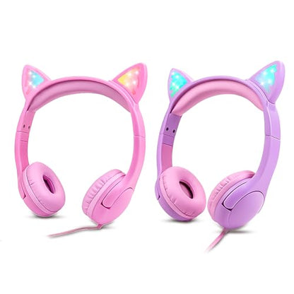 Olyre Kids Headphones, Safe 85db Volume Control Light Up Cat Ear Headphones Purple-Pink and All-Pink