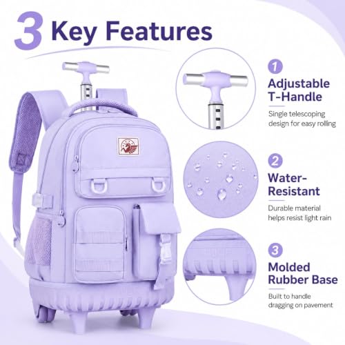 CCJPX Rolling Backpack for Girls Women, 21 inch Roller Wheels School Bookbag, Wheeled Suitcase Backpacks with Lunch Bag for Teen - Purple - color: Purple