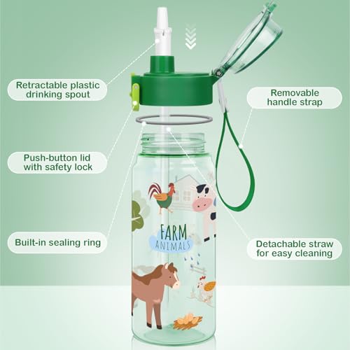 Tritan Kids Water Bottle for School, 18.6 oz Leakproof 2-in-1 Toddler Water Bottle with a Pop-up Detachbale Straw, Dishwasher Safe (Farm Animals) - color: Farm Animals