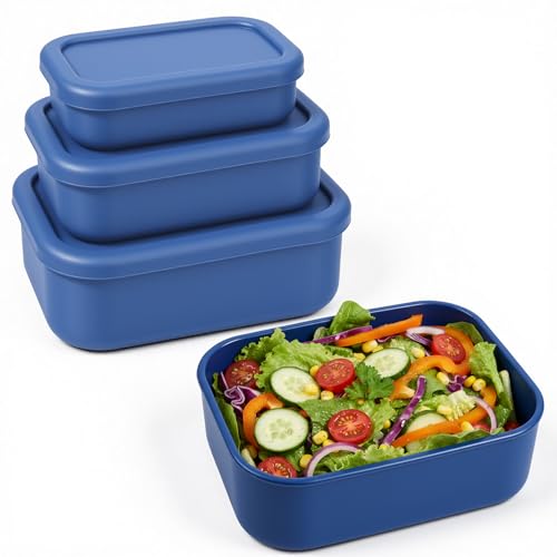 3-Pack Silicone Lunch Box Food Containers Storage Box Rectangular Bento with Lids Airtight Leak-Proof Microwave Dishwasher & Freezer Safe 10.2oz 23.6oz 44oz Dark Blue