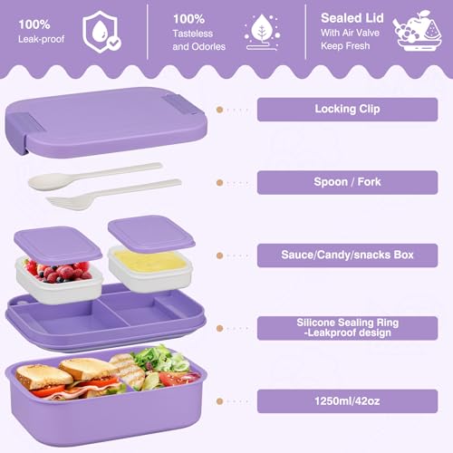 Bento Lunch Box Set with 10.5oz Soup Thermo Food Jar for Adults Kids, Stainless Steel Leak-proof Lunch Container with 4 Compartment, Coffee Tumbler with Lunch Bag for School Travel Office-Purple - color: Purple