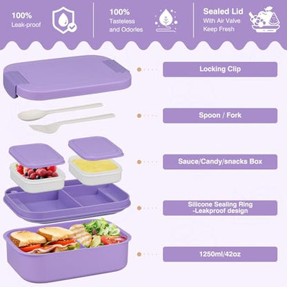 Bento Lunch Box Set with 10.5oz Soup Thermo Food Jar for Adults Kids, Stainless Steel Leak-proof Lunch Container with 4 Compartment, Coffee Tumbler with Lunch Bag for School Travel Office-Purple - color: Purple
