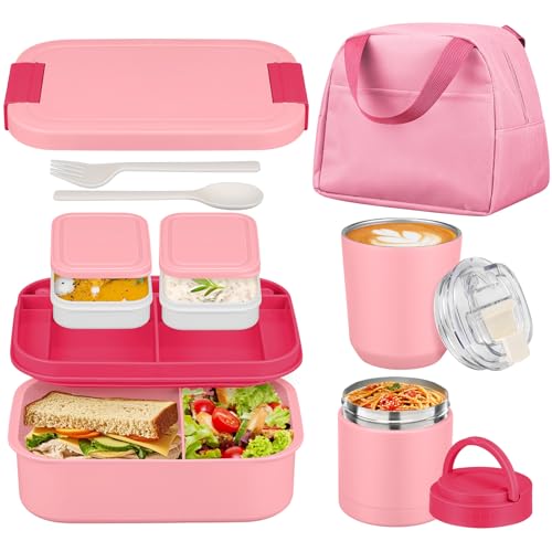 Large Bento Lunch Box Set for Adults Kids Women with 10.5oz Soup Thermo,Coffee Tumblers Men Girls Boys Teenagers Leak-Proof Lunch Food Containers with Lunch Bag - color: Beauty Pink