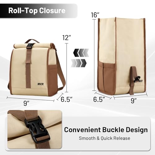 MIER Insulated Lunch Bag Roll Top Lunchbox for Women Men Adults Foldable Rolltop Lunch Tote with Shoulder Strap for Work Office Picnic, Water Bottle Holder, Khaki - color: Khaki