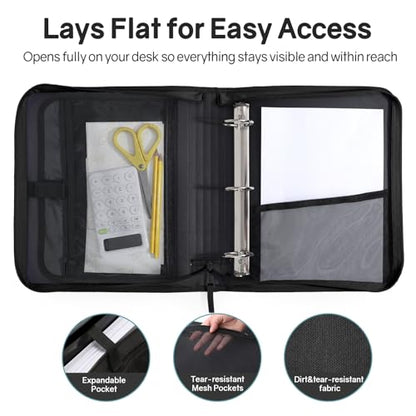 SUNEE Zippered Binder Bag with Handle, 2-Inch 3-Ring O-Ring, 500-Sheet Capacity, Includes Zip Pocket, 5-Tab Expanding File Folder, Multi-Pocket Organizer Binder for Middle School, Black - color: Black