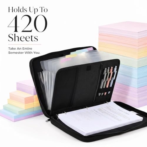 Sturdy 3 Ring Zipper Binder with Strap for School - Beautiful 1 Inch Zip Up Binder with 5-Tab Dividers Holds 420 Sheets, Books & Laptop - Easy to Carry Trapper Keeper Made of Premium Fabrics - color: Black