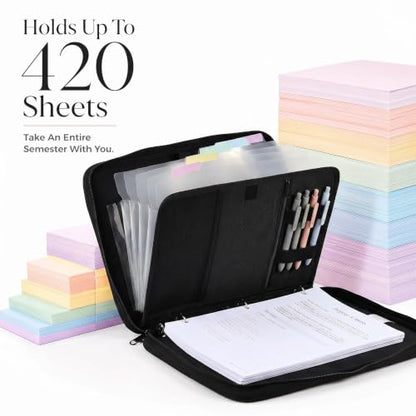 Sturdy 3 Ring Zipper Binder with Strap for School - Beautiful 1 Inch Zip Up Binder with 5-Tab Dividers Holds 420 Sheets, Books & Laptop - Easy to Carry Trapper Keeper Made of Premium Fabrics - color: Black