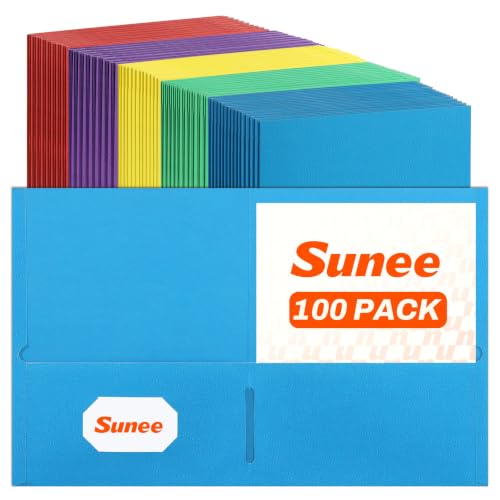 SUNEE Two Pocket Folders, 100 Pack File Folders with Business Card Slot, Assorted Colors, Textured Paper, Fit Letter Size Paper, Paper File Folder for School Office Home Business - color: Multicolored, style: 100-Pack