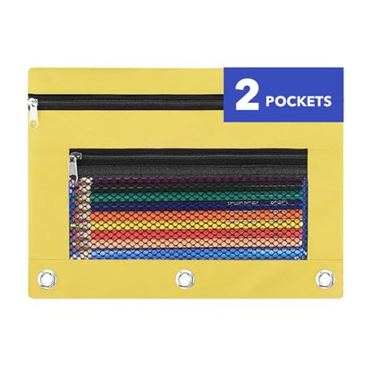 Pencil Pouch for 3 Ring Binder - 3 Hole Zipper Pen Case Bag Holder Bulk Accessories Clear Window Aesthetic Organizer Pockets - color: Yellow