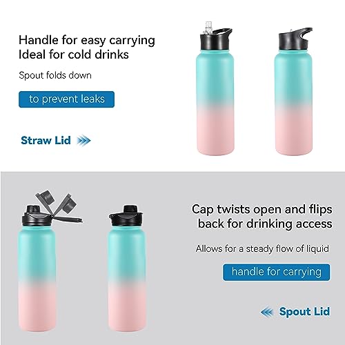 VEGOND 40 oz Insulated Water Bottle Stainless Steel Metal Water Bottles with Leak Proof Straw Lid & Spout Lid, Wide Mouth Double Walled Vacuum Travel Sports Bottle Cup, Green Pink - color: Bubble Gum, size: 40 Ounces