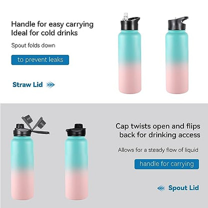 VEGOND 40 oz Insulated Water Bottle Stainless Steel Metal Water Bottles with Leak Proof Straw Lid & Spout Lid, Wide Mouth Double Walled Vacuum Travel Sports Bottle Cup, Green Pink - color: Bubble Gum, size: 40 Ounces