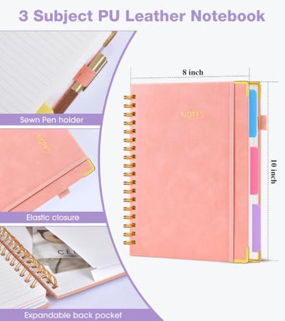 JASLEKO 3 Subject Notebook College Ruled with Dividers Tabs, 100 GSM Leather Hardcover Spiral Notebooks for School Work, 240 Pages Large Cute Notebook Journal for Women Men, College Students,Pink - color: Pink