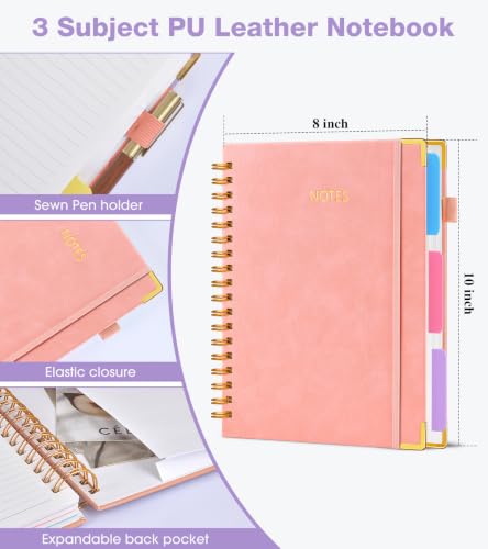 JASLEKO 3 Subject Notebook College Ruled with Dividers Tabs, 100 GSM Leather Hardcover Spiral Notebooks for School Work, 240 Pages Large Cute Notebook Journal for Women Men, College Students,Pink - color: Pink